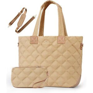 Womens Brown Puffer Shoulder Tote Quilted Work Bag Laptop Sleeve Compartment